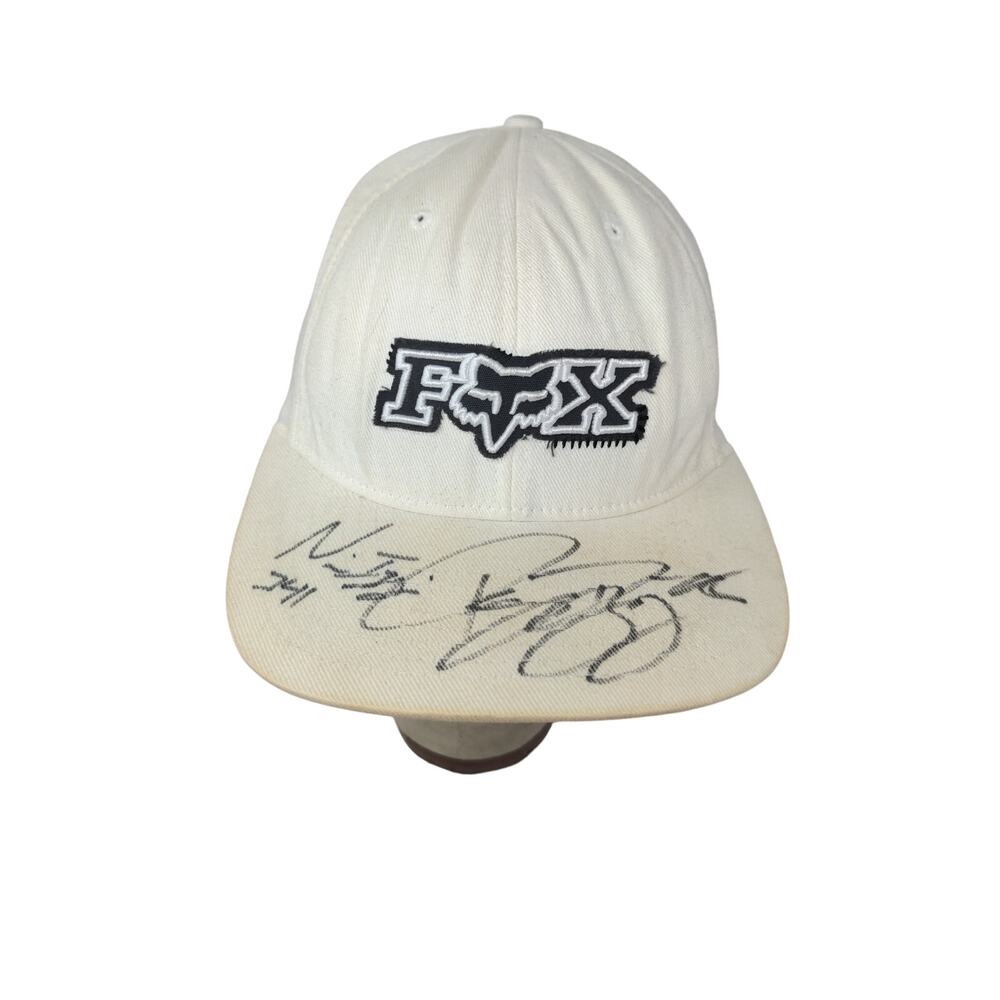 Fox Racing FlexFit Hat Embroidered Logo White SZ S/M Autographed Stains